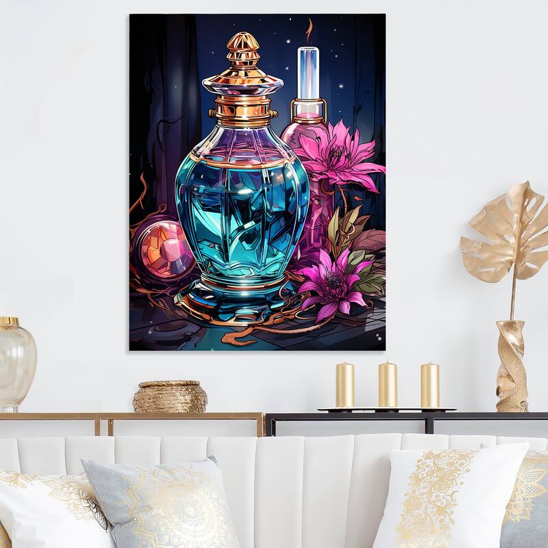 Designart "Orange Crystal Perfume Bottle II" Perfumes Metal Wall Art - Blue Metal Wall Décor Glam Metal Art Work