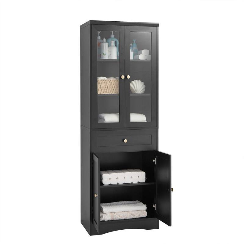 Freestanding Bathroom Storage Cabinet with 4 Doors and 1 Drawer, Tall Bathroom Floor Cabinet with Adjustable Shelf