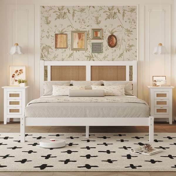 slide 2 of 9, 3-Pieces Bedroom Sets Queen Size Wooden Platform Bed,Nightstands for Bedroom,White White - Queen