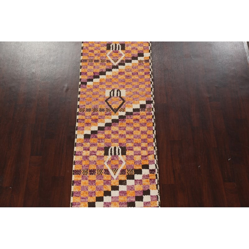 Modern Checkered Moroccan Oriental Runner Rug Hand-knotted Wool Carpet - 2'11" x 12'10"