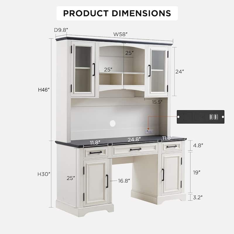 Farmhouse Computer Desk with Hutch,Office Desk with Charging Station