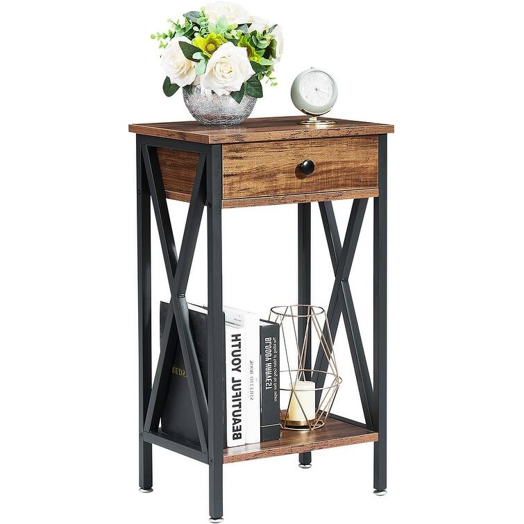 VECELO 28 Inch Modern End Table Space and Drawer Night Stand X-Design Nightstands for Living Room
