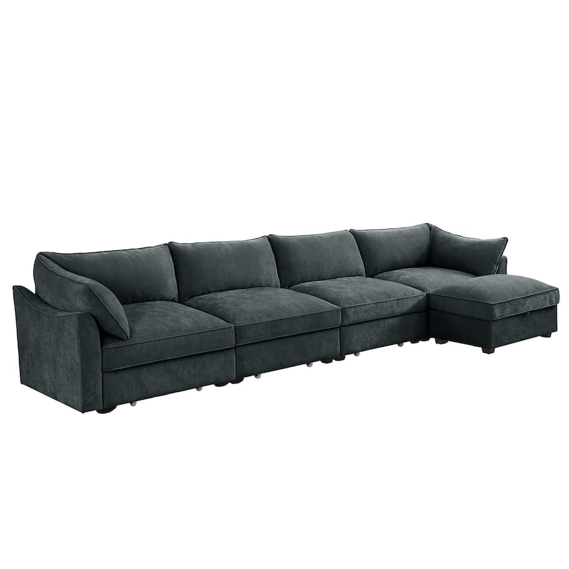 L-Shaped 4-Deep Seater Sectional Sofa Couch with 1 Movable Storage Ottoman & Pull out Drawers Under Each Seat