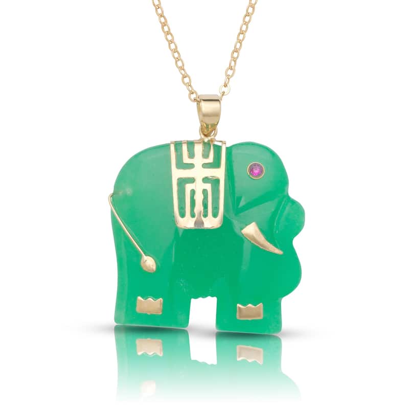 Curata 14k Yellow Gold 18" Dyed Green Jade Elephant with Ruby Eyes Pendant Necklace (24mm x 30mm) - 25mmx30mm