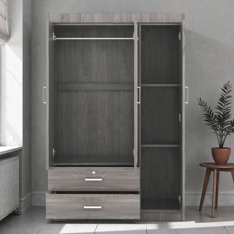 3 Door Wardrobe with Mirror and Shelves, MDF Bedroom Armoire with Lockable Drawer and Storage Drawers