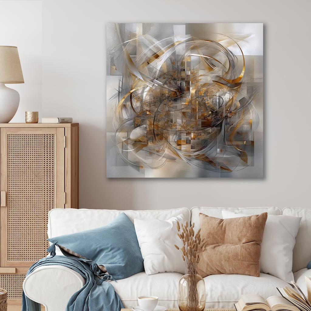 Designart "Grey Gold Captivating Liquid Ink" Abstract Marble Metal Wall Art