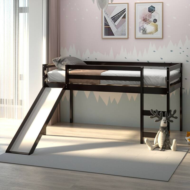 Gymax Twin Size Loft Bed with Slide Wood Low Sturdy Loft Bed for Kids
