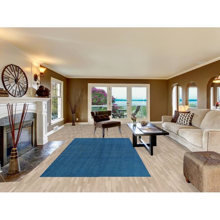 Hand Knotted Oriental 100% Wool Carpet Modern Solid Navy Blue & Blues Gabbeh Area Rug - 10' 0'' X 5' 3''