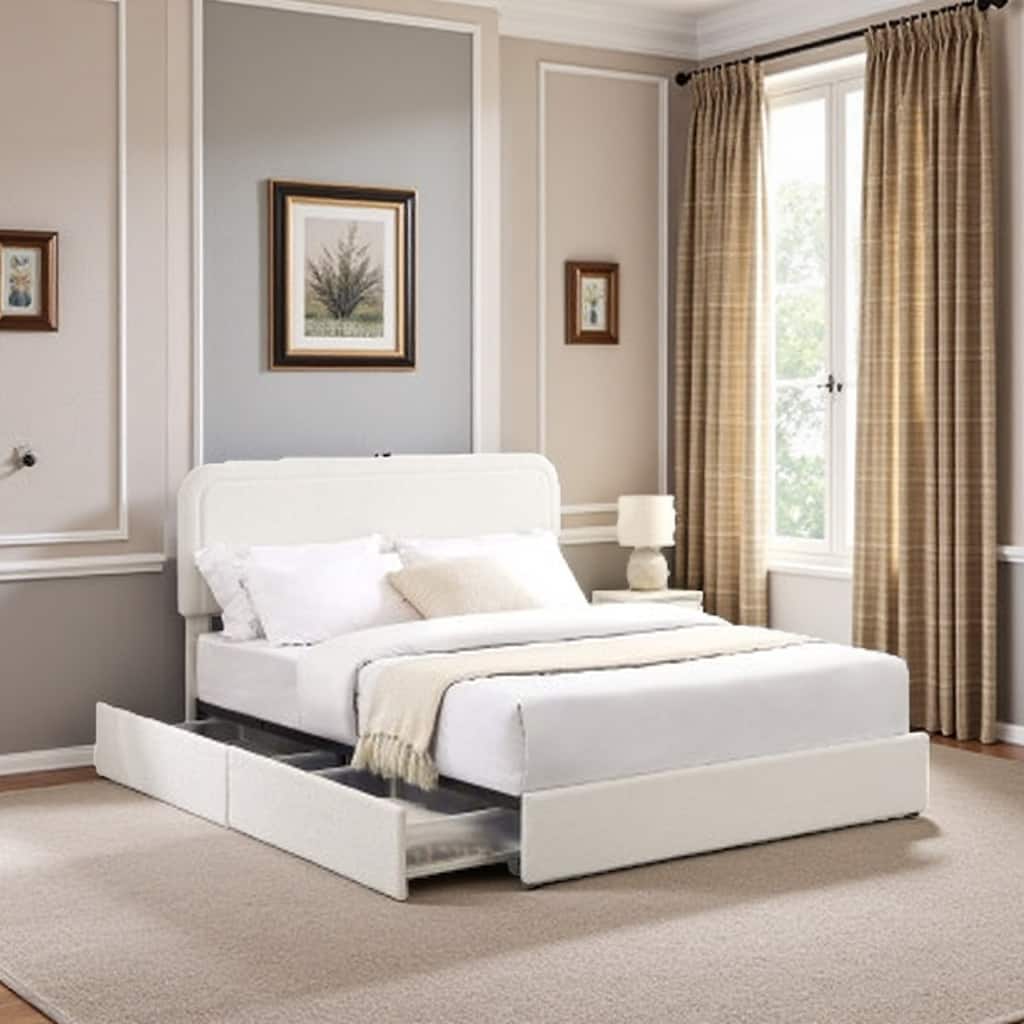 Queen Size Upholstered Platform Bed with 4 Storage Drawers, Curved Tufted Headboard, Wooden Slat Support, Ivory Boucle Fabric