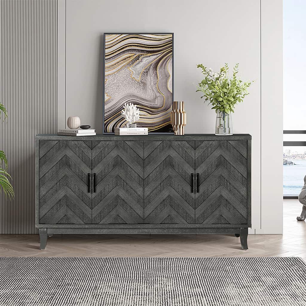Vintage Buffet Cabinet, Accent Storage 4 Door Wooden Cabinets, Sideboard Storage Cabinet for Entryway, Living Room,Taupe Grey
