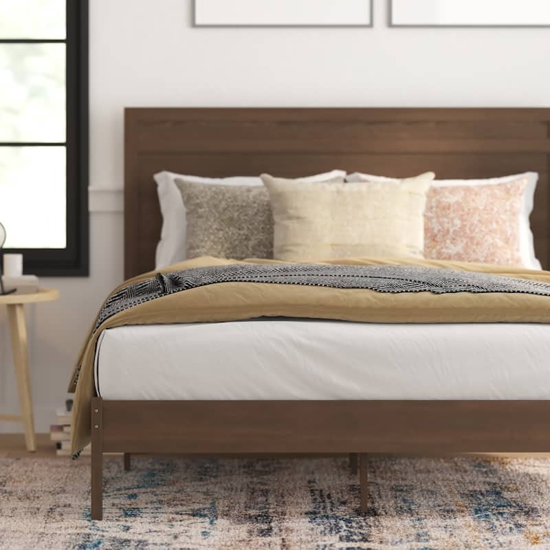 Solid Wood Platform Bed with Headboard and Wooden Slats