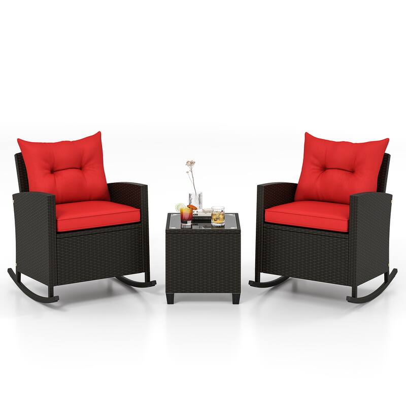 Gymax Set of 3 Wicker Rocking Set w/ Tempered Glass Table Patio