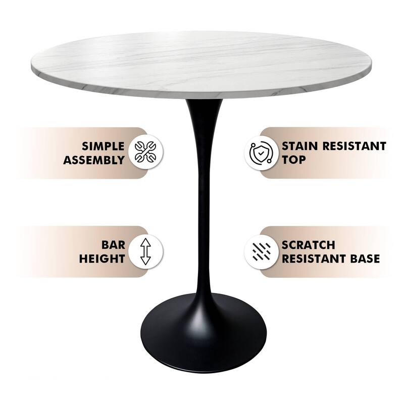 LeisureMod Verve 36" Bar Height Dining Table with Sintered Stone Round Top in Black Padestal Base