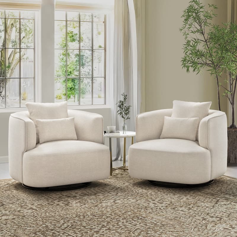 LUE BONA 2 Set Swivel Accent Armchair Fabric Blend, Modern Barrel Living Room Sofa Chair - 32.7" W x 32.7" D x 26.8" H - Wheat