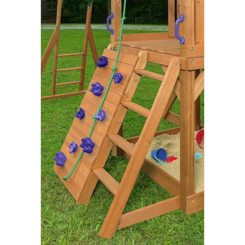 Mountain View Swing Set with Tarp Roof, Climbing Wall, Monkey Bars