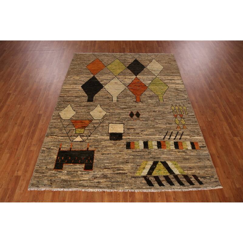 Geometric Beige Moroccan Oriental Area Rug Handmade Wool Carpet - 7'1" x 9'5"
