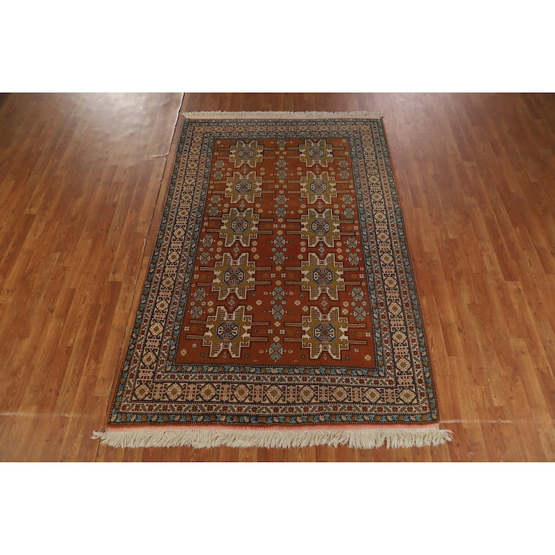 Hand Knotted Oriental 100% Wool Carpet Traditional Geometric Oranges & Rust Sumak Area Rug - 7' 6'' X 4' 10''
