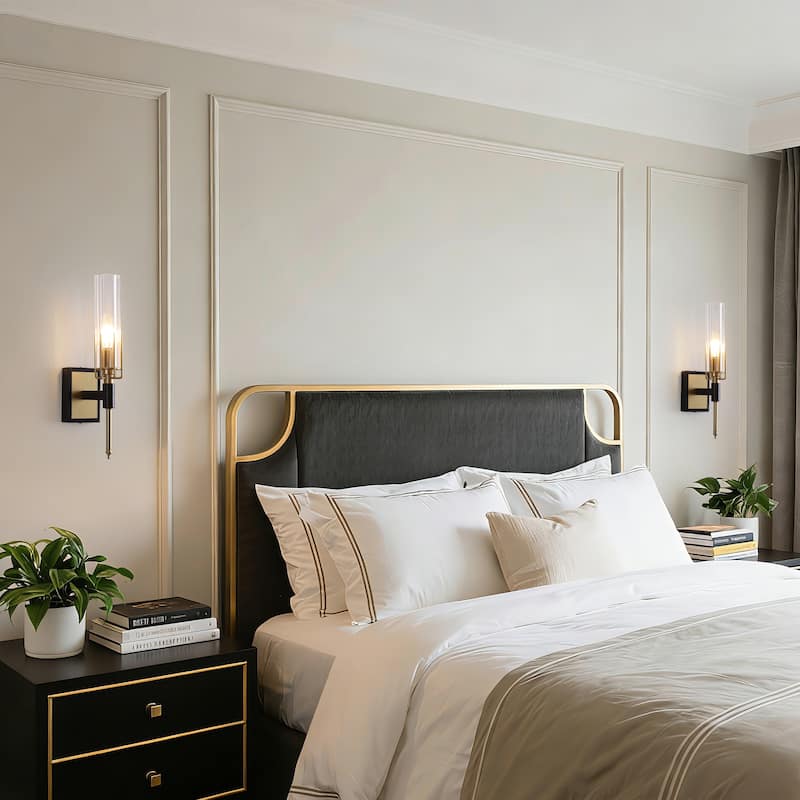 Black and Gold Wall Sconce with Clear Glass Shade E12 Base