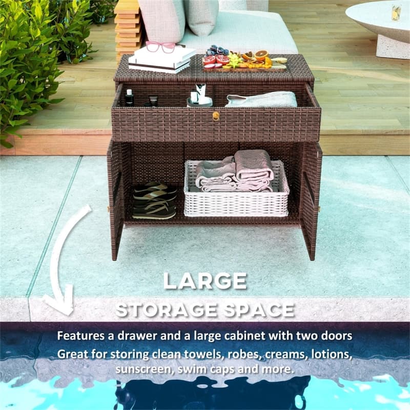 Mixed Brown PE Rattan Outdoor Storage Cabinet with Drawer and Doors - 39.25" L x 19.75" W x 33" H