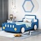 preview thumbnail 10 of 15, Race Car-Shaped Platform Bed, PU Leather Upholstered Grounded Bed, Wood Low Profile Panel Bed with Wheels