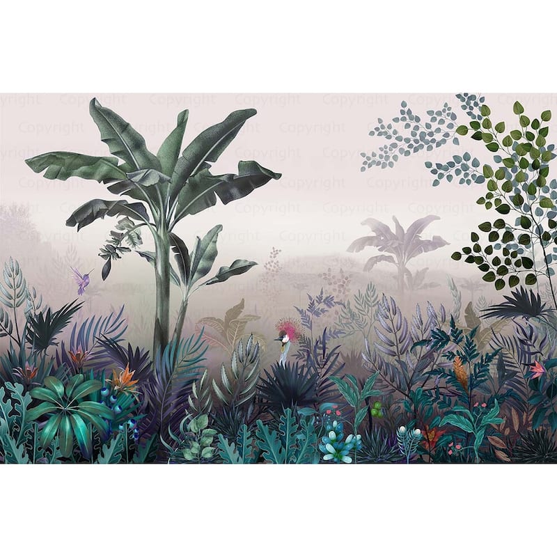 Exotic Jungle Scene Tropical FoliageWallpaper Mural - Gray - W:163" x H:110"