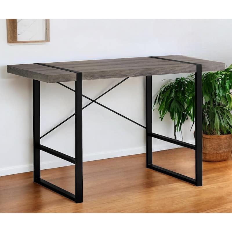 Wood Veneer Computer Desk with Black Metal Base and Rectangular Shape