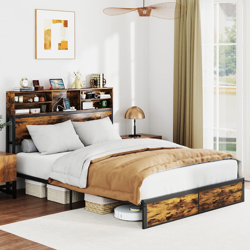 Metal Platform Bed Frame with Headboard Storage and USB Charging Ports