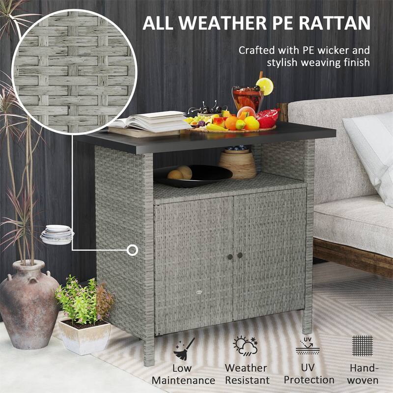 PE Rattan Outdoor Storage Cabinet with Tabletop and Open Shelf - 35.4" L x 20.9" W x 33.5" H