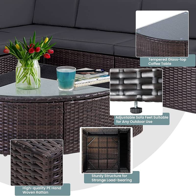 Suncrown Outdoor 6-piece Brown Rattan Sectional Sofa Set with Table
