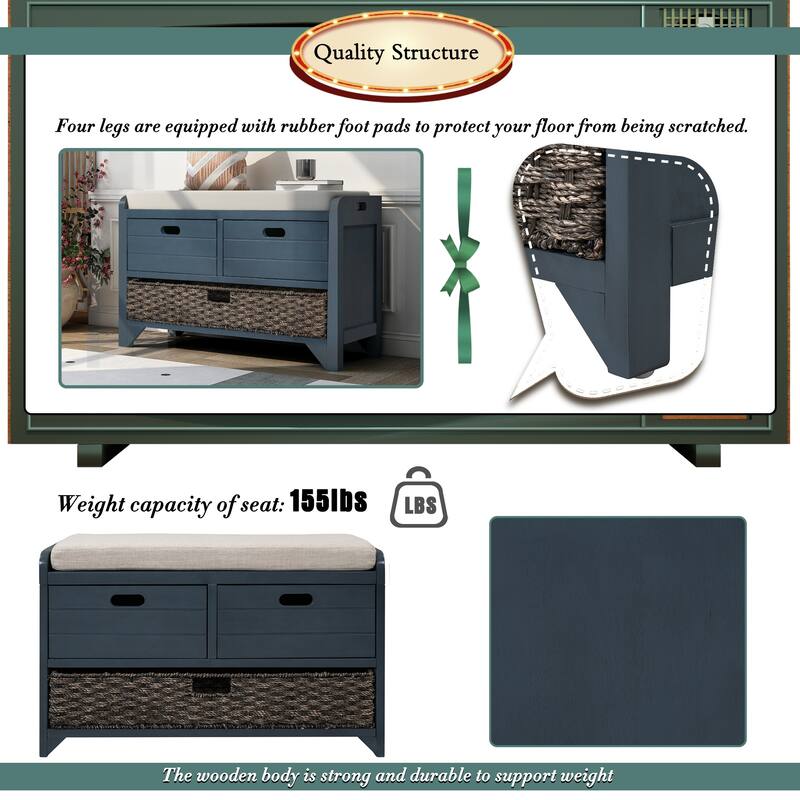 Fully Assembled Shoe Bench with Removable Cushion