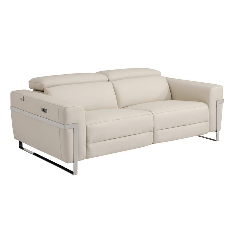 HomeRoots 83" Beige Italian Leather USB Reclining Sofa With Silver Legs