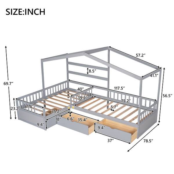 dimension image slide 1 of 2, Solid Construction L-Shaped Platform Bed Twin Size House Platform Bed with Three Storage Drawers