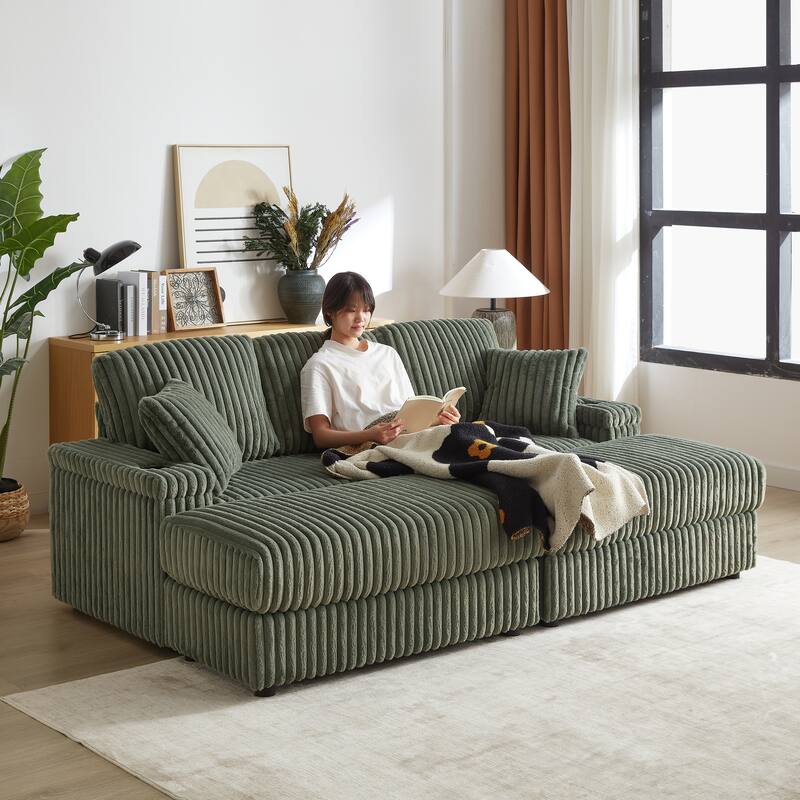 Deep Seat Sectional Loveseat Set with 2 Ottoman and 2 Pillows, Corduroy Chaise Lounge Bed with 2 Storage Spaces and Cupholding