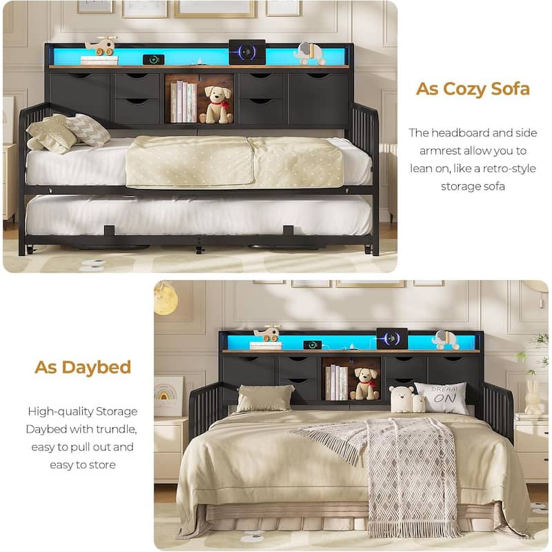Daybed with Trundle Charging Station LED Lights Storage Headboard