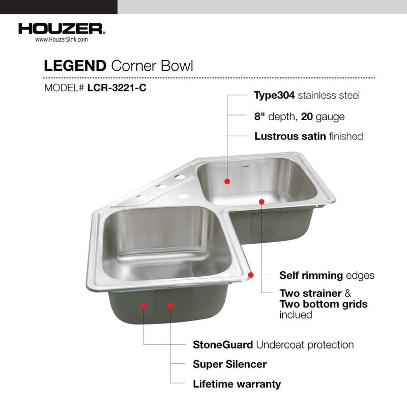 Houzer LCR-3221-C Legend 31-7/8" Drop In Double Basin Stainless Steel - Stainless Steel