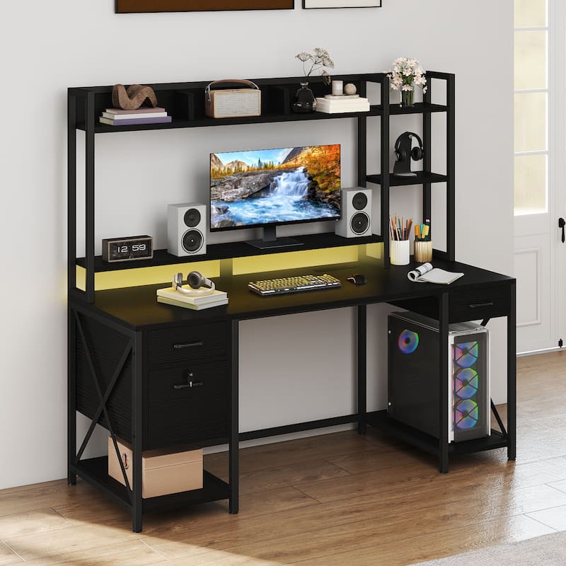Moasis 59" Computer Desk with Hutch and Shelves, LED Gaming Desk with Monitor Stand - Black
