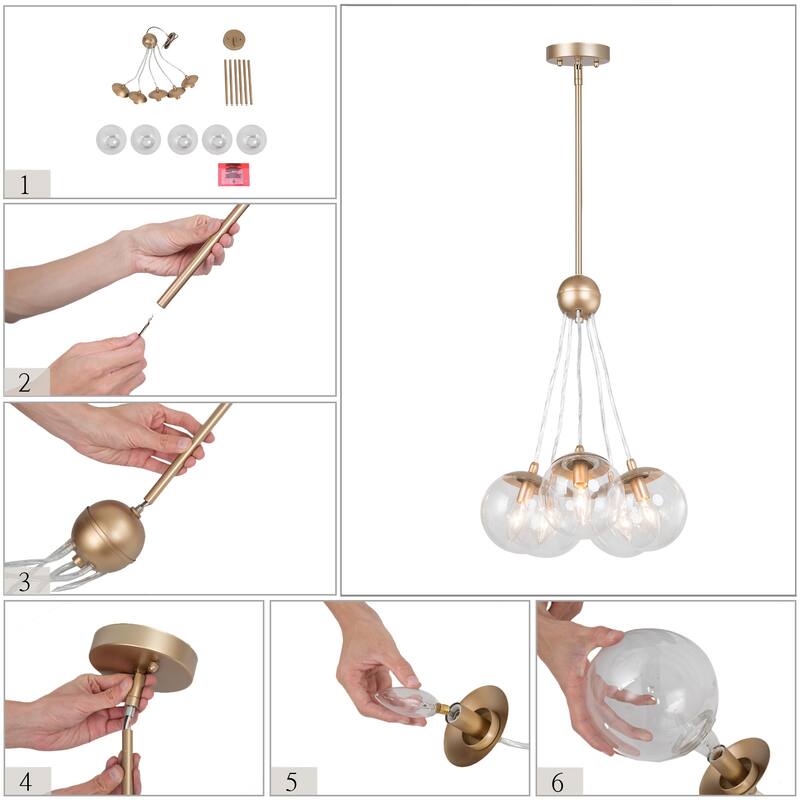 Modern Glam 5-Light Globe Cluster Chandeliers Glass Kitchen Island Pendant Lighting for Dining Room - D 16.5'' x H 85''