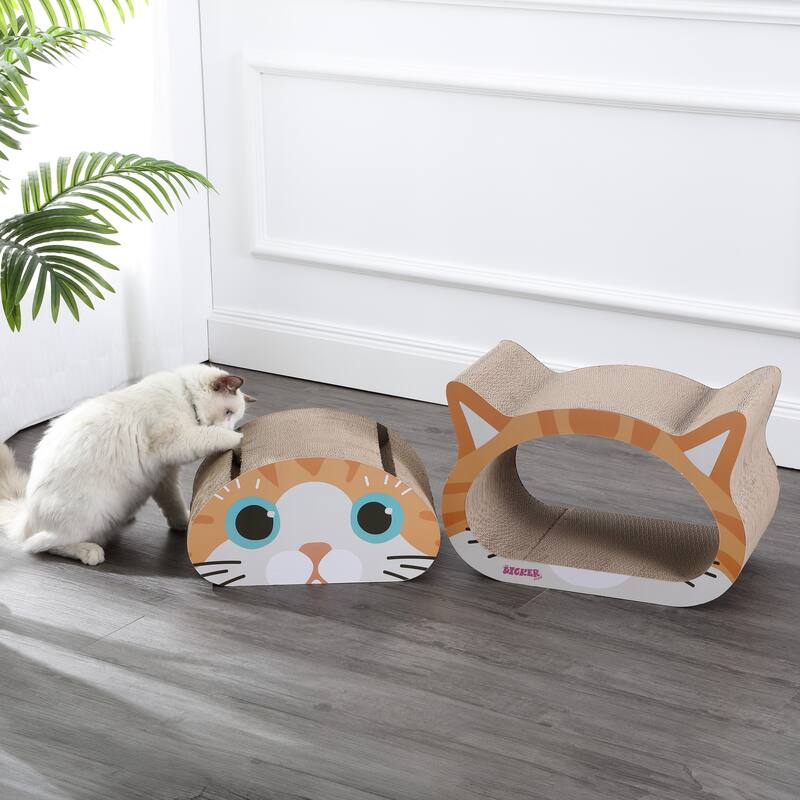 Opal 19" Modern Cardboard Happy Cat Head 2-in-1 Cat Cave Scratcher with Built-In Bell Toys and Catnip, Orange/Blue - Assembled