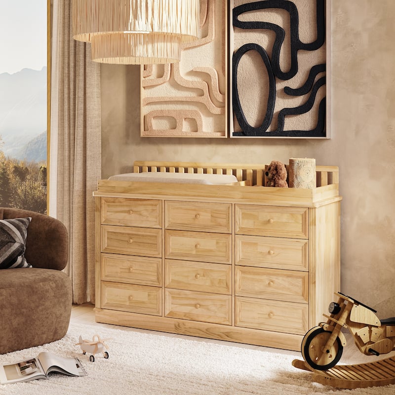 Extra Wide Solid Pine Wood 12-Drawer Changing Table Dresser – 59.9" Real Wood Nursery Dresser with Removable Topper