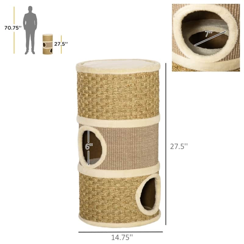 Wooden Cat Tree Tower with Sisal Scratch Pads, Cozy Dens, and Climbing Features for Cats - 14.75" L x 14.75" W x 27.5" H