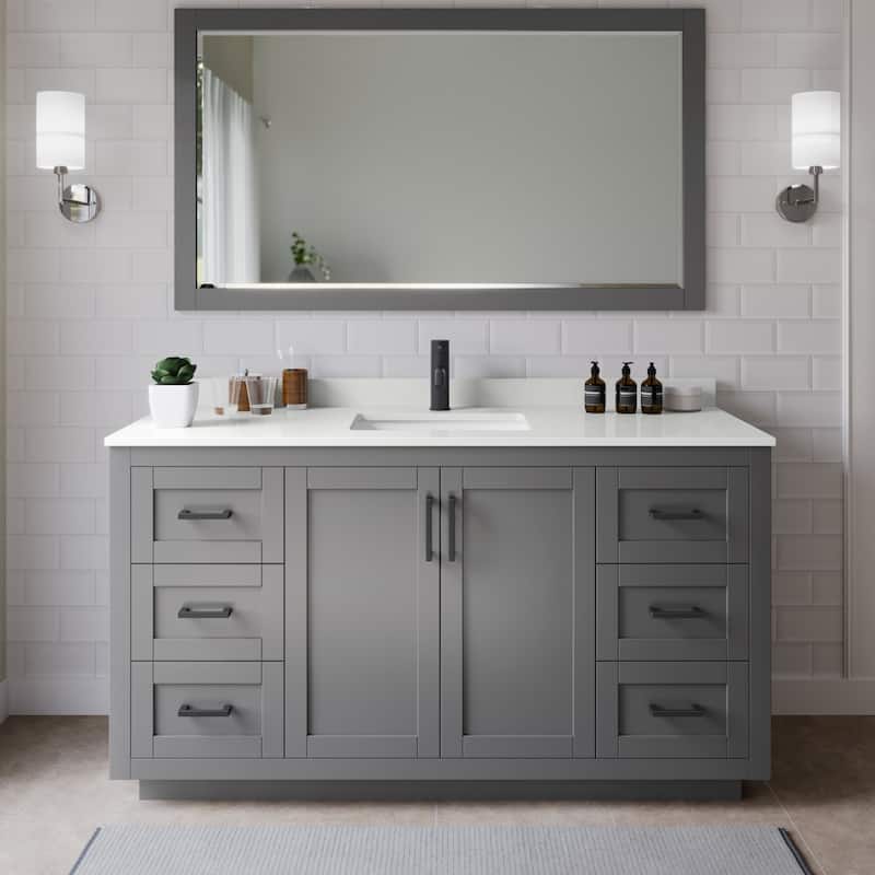 Wyndham Collection WCF292966S-QTZ-UNSM58 Miranda 66" Free Standing - Dark Gray / White Quartz Top / Matte Black