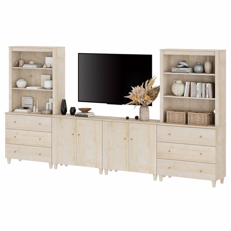 WAMPAT Modern Entertainment Center with Bookshelves for 75" TVs - Light Wood - 6 Drawers & 2 Cabinets