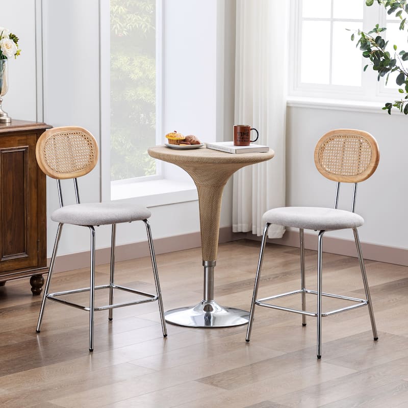 Fabric Rattan Back Dining Chairs Counter Stools with Metal Legs
