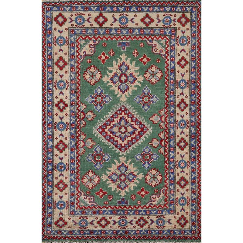Green Geometric Kazak Oriental Accent Rug Handmade Wool Carpet - 3'4" x 4'10"