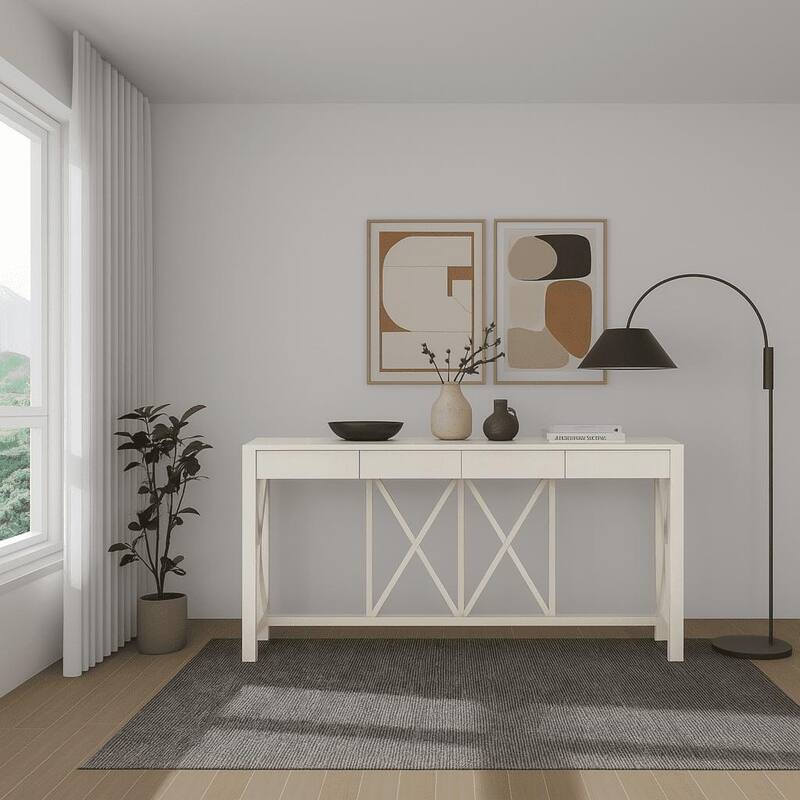 Modern Industrial Style Wooden Console Table with Four Drawers, For Living Room Hallway Use - Beige