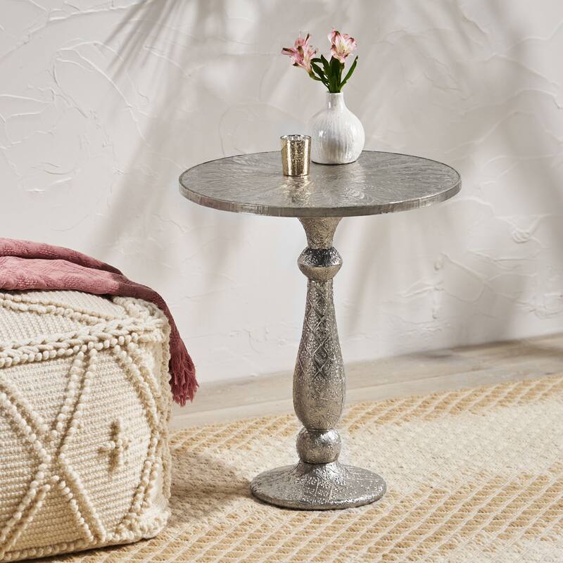 20" Boho Round Side Table with Turned Base and Iron Frames for Living Room or Bedroom - Silver