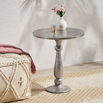 20" Boho Round Side Table with Turned Base and Iron Frames for Living Room or Bedroom