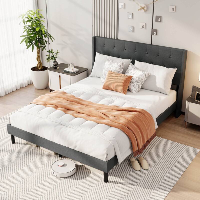 Costway Queen Size Bed Frame Linen Upholstered Mattress Foundation