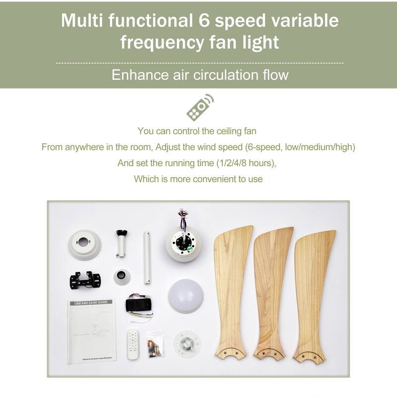 Sofucor 52 Inch Quiet Ceiling Fan with 3 Solid Wood Blades,Light & Remote,Reversible Ceiling Fan,for Patio Living Room,Bedroom