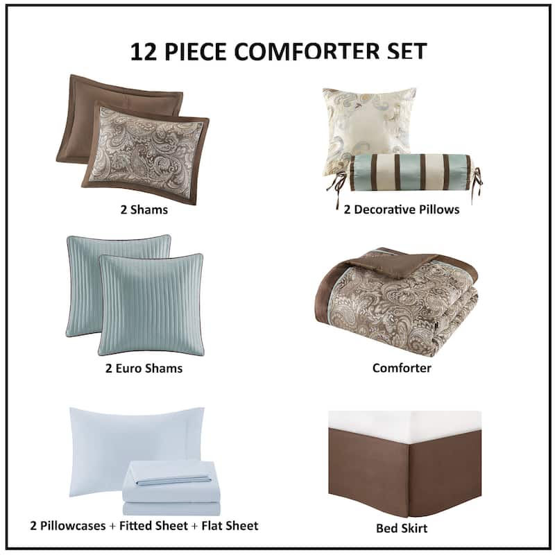 Madison Park Whitman Blue/ Brown 12 Piece Comforter Set with Cotton Bed Sheets